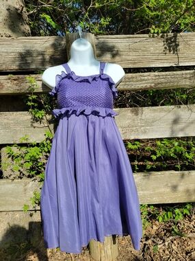 DKNY Girls Lavender Purple Ruffle Woven Smocked  Formal Silk Summer Dress Size L